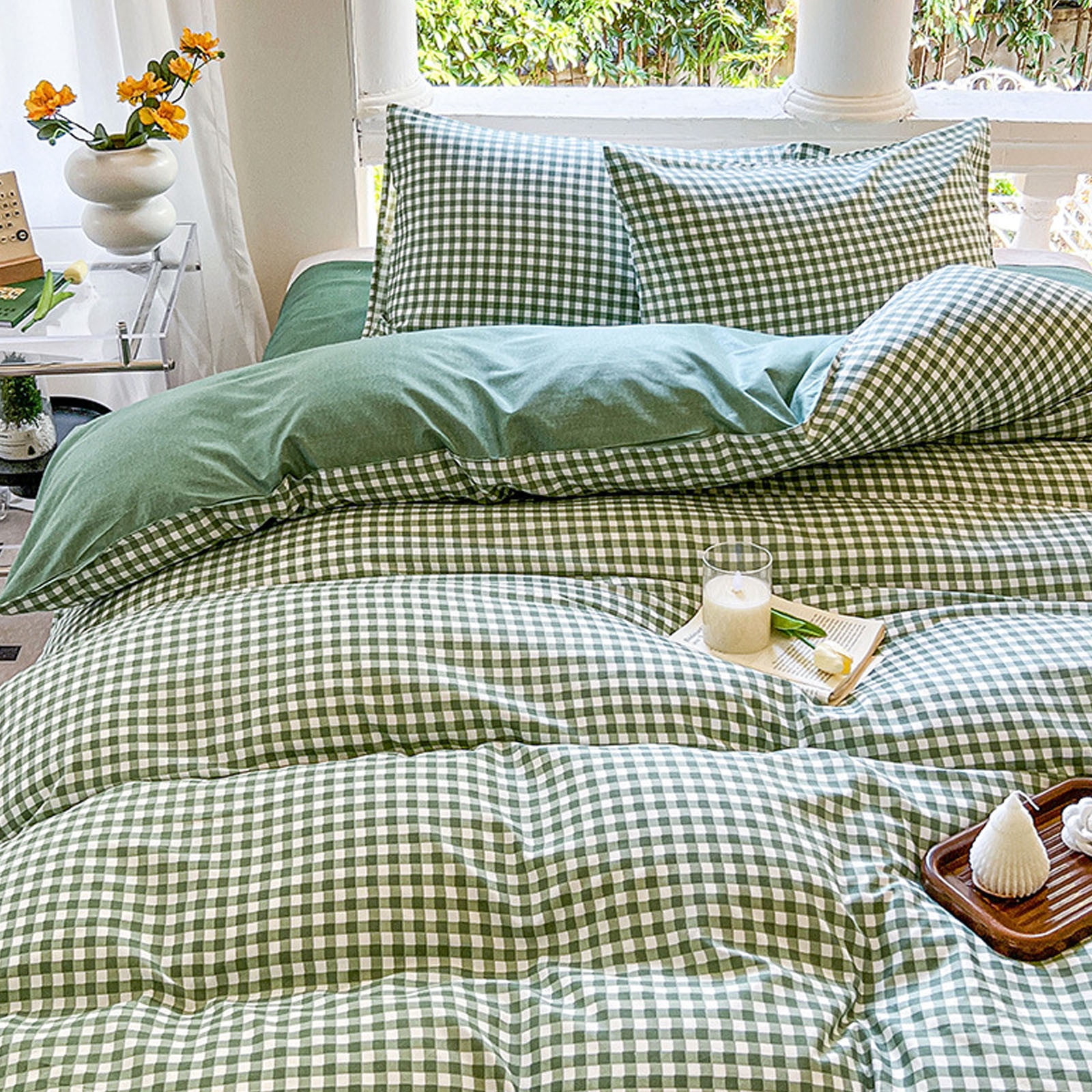 Bedding Sets Queen - Green Polyester Bed Sheets, 4 Piece Duvet Cover Set, Soft Wrinkle Resistant, Easy Care