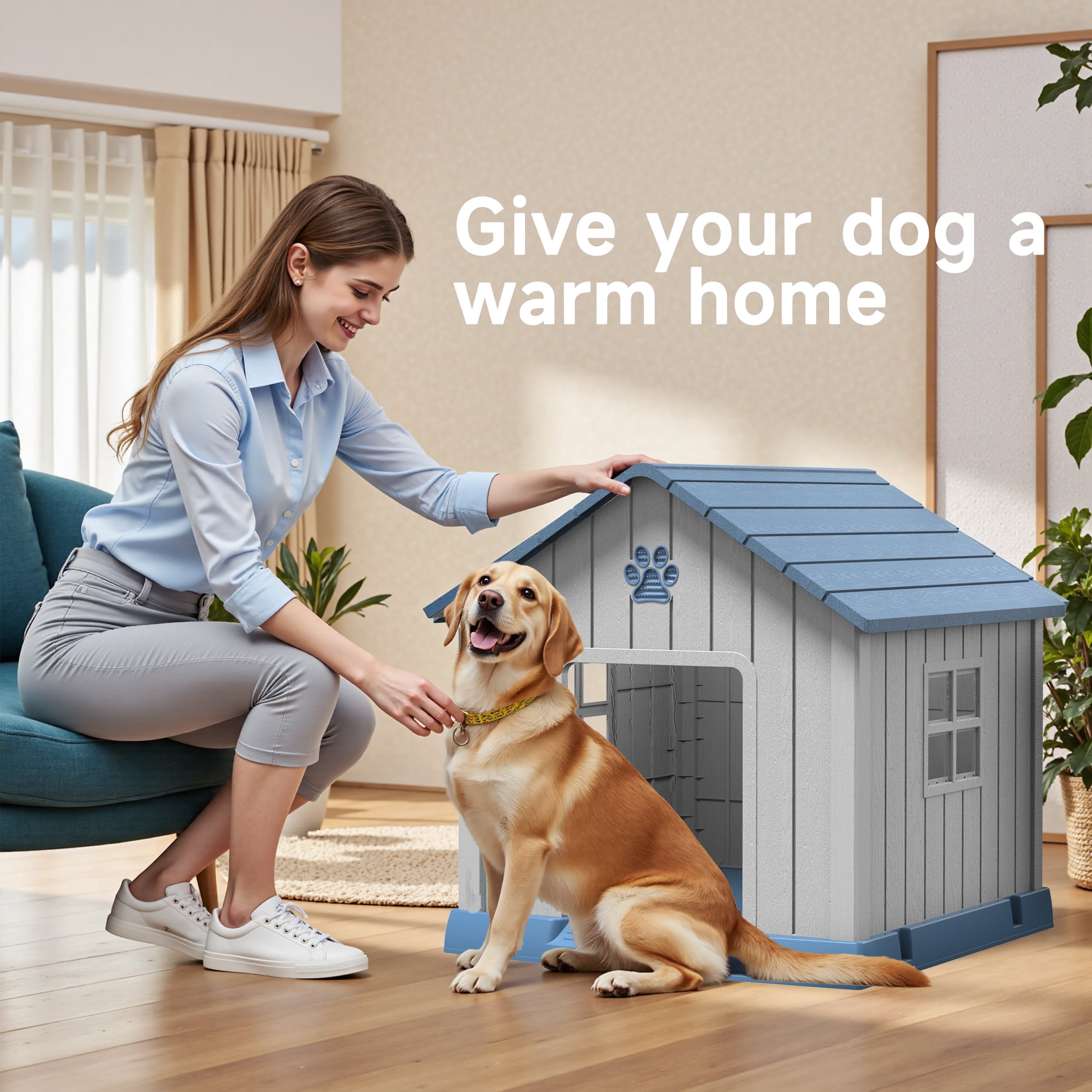 Dog House Indoor Outdoor for Small to Large Sized Dogs Indoor Outdoor Doghouse Puppy Shelter with Elevated Floor, Easy to Assemble (Blue&Grey, 38Inch(37.8 * 40.87 * 38.82))