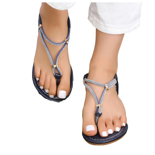 IUJSOY Flat Sandals for Women Fashion Rhinestone Thong Sandals with Ankle Elastic Strap for Summer