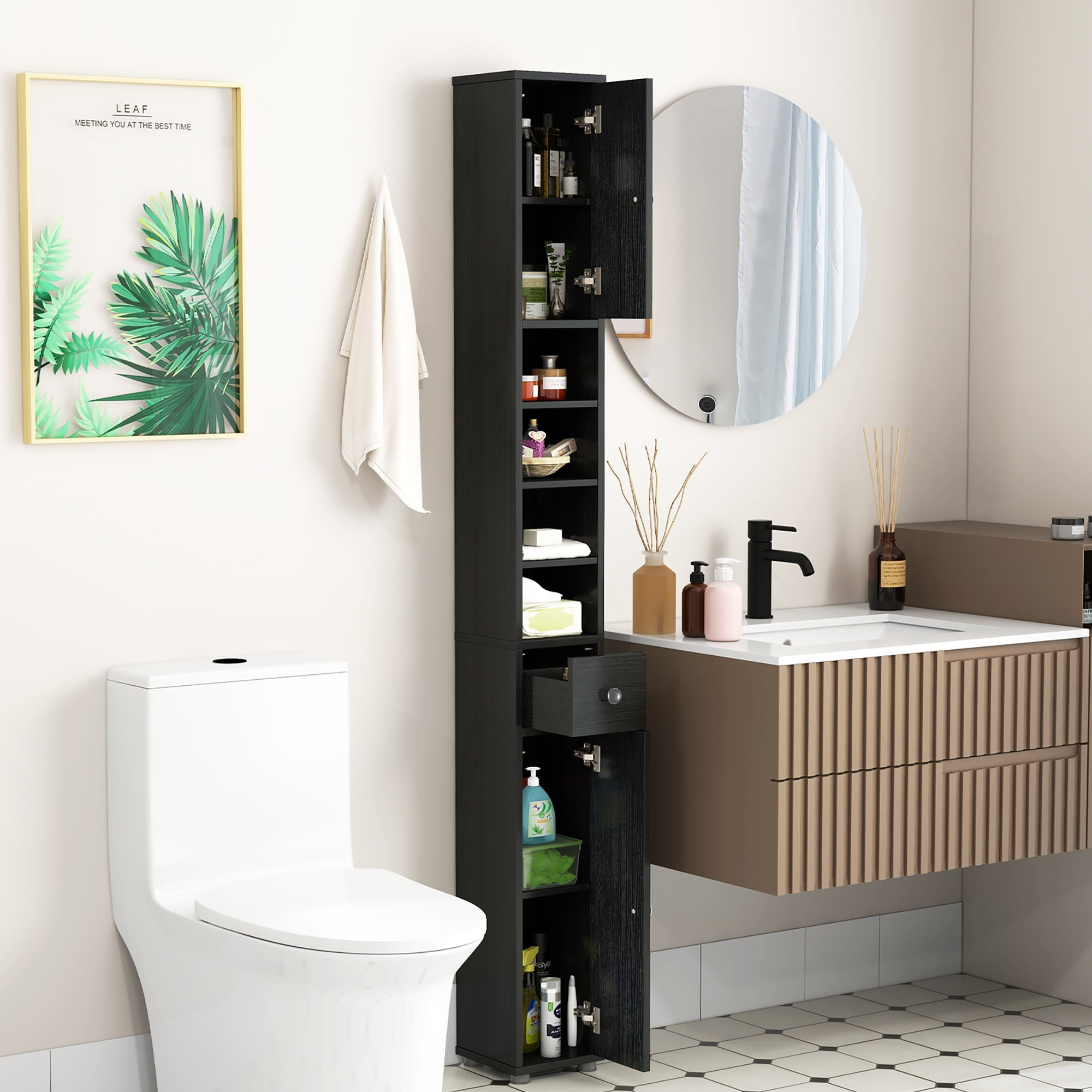 Gymax Tall Slim Bathroom Storage Cabinet Linen Tower w/Drawer Adjustable Shelves Black