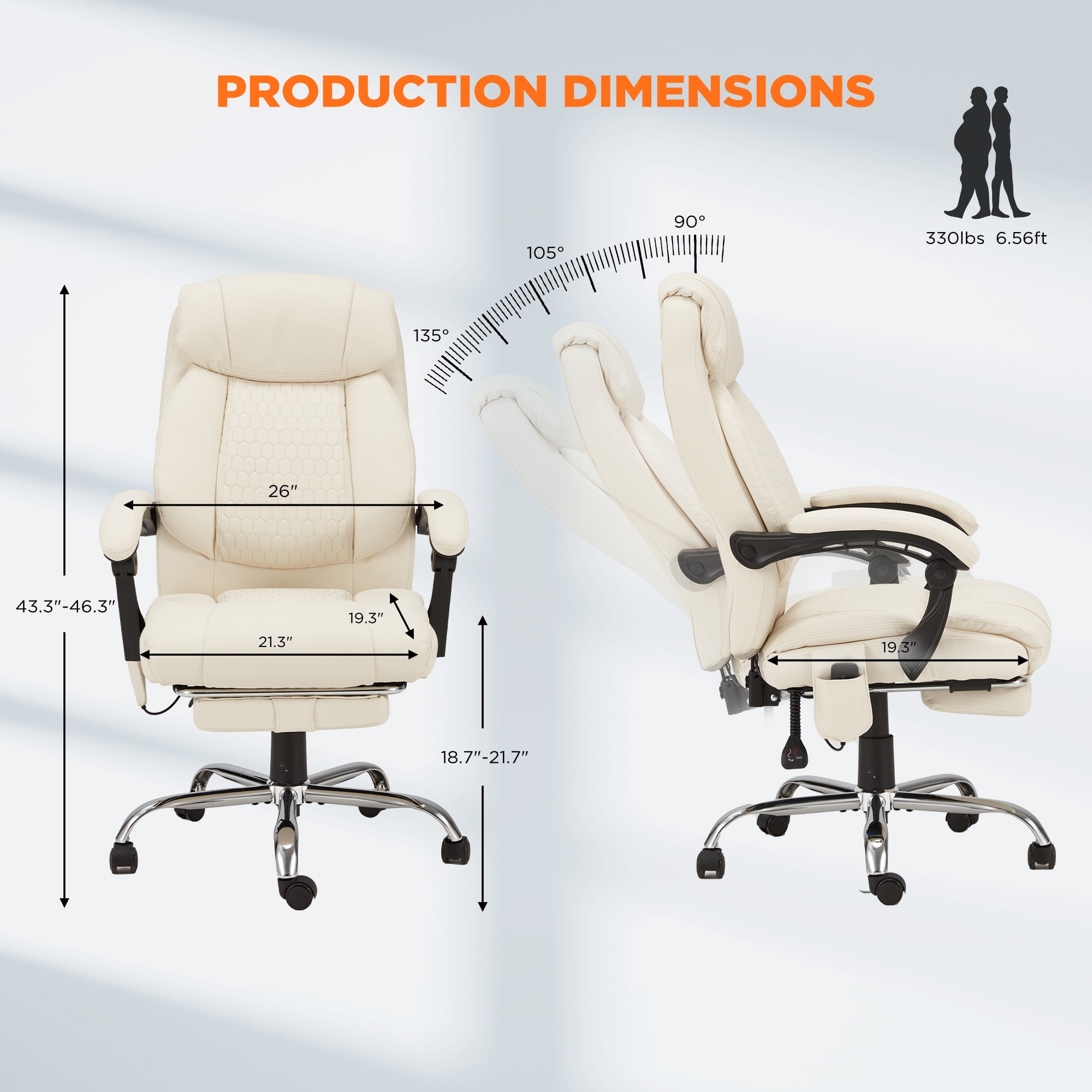 HOMREST  Ergonomic Administrative Office Chair, Heated Massage Lounge Chair with Adjustable Backrest, Foot Pedal, for Home & Office Use, Beige