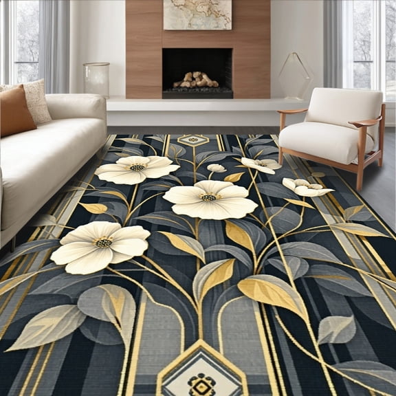 ODIKA 4'x6' Machine Washable Non-Slip Area Rug, Art Garden Geometric Floral Composition High Traffic Rug, White, 218417