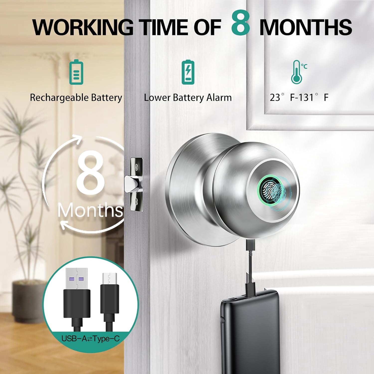 Fingerprint Door Lock, Smart Door Knob with App Control, Auto-Lock, Easy Installation, Great for Bedrooms, Cloakroom, Apartments, Offices (Silver)