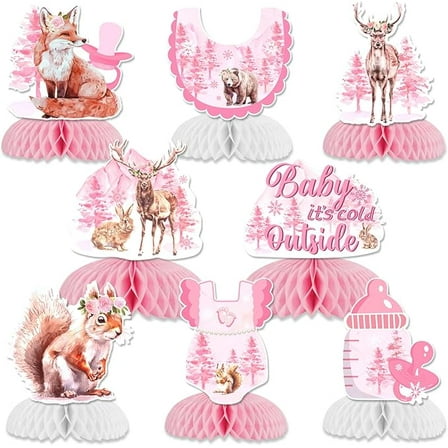 Baby Shower Honeycomb Centerpieces for Girl, Woodland Baby It's Cold Outside Baby Shower Decorations Pink for Winter Woodland Baby Shower Gender Reveal Party Supplies