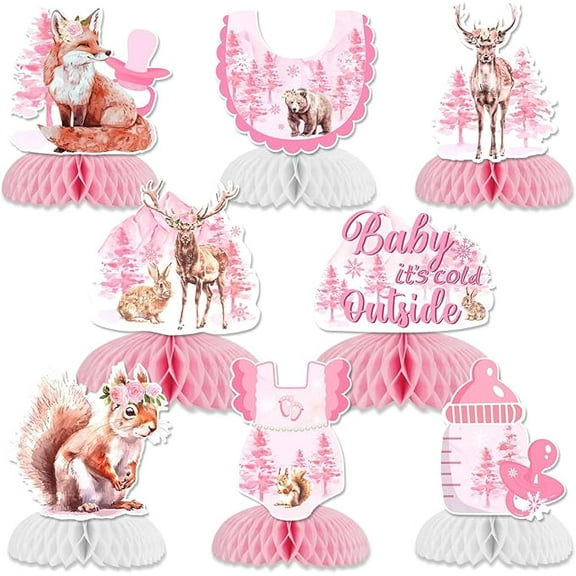 Baby Shower Honeycomb Centerpieces for Girl, Woodland Baby It's Cold Outside Baby Shower Decorations Pink for Winter Woodland Baby Shower Gender Reveal Party Supplies