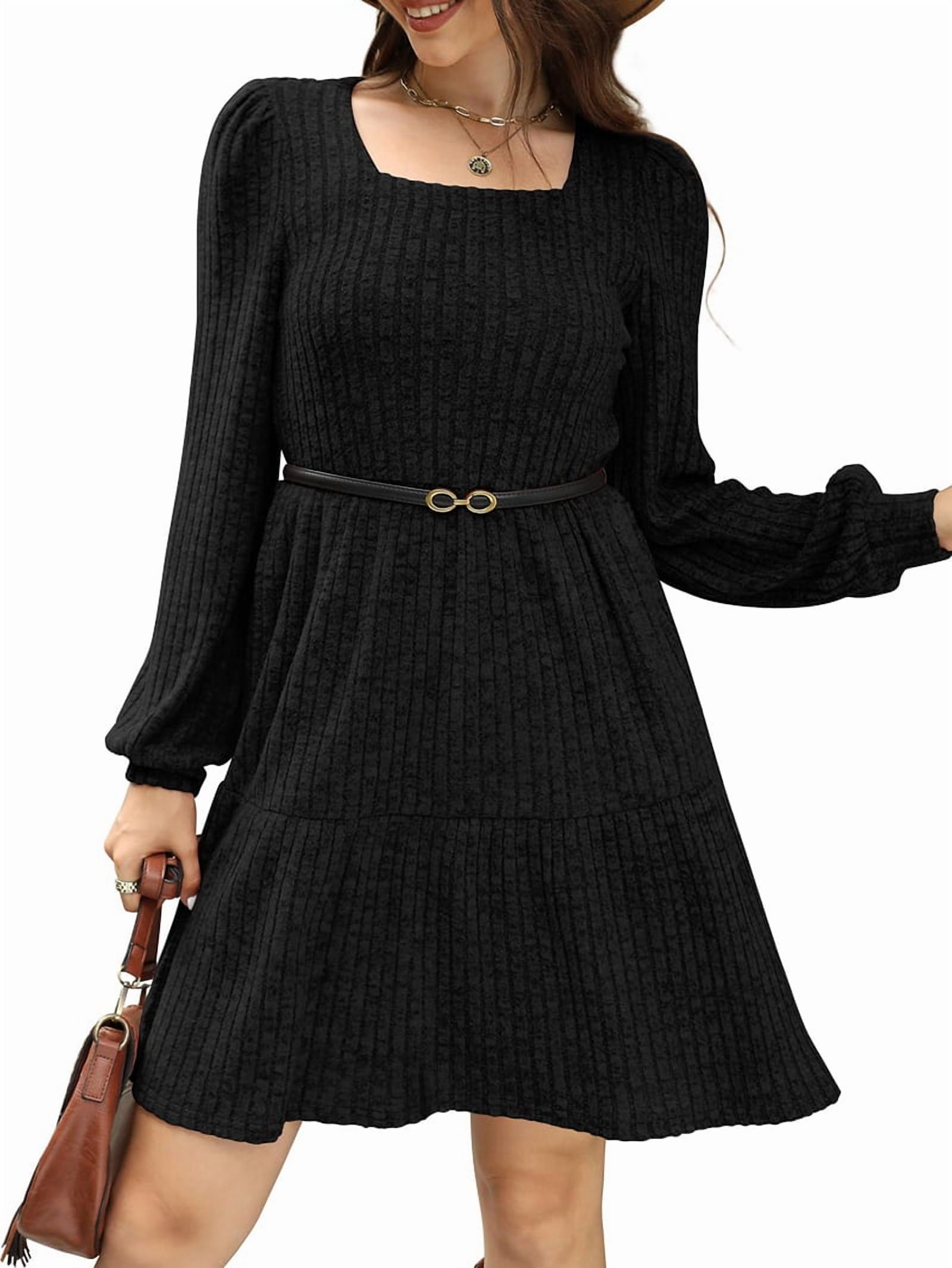 Womens Square Neck Long Sleeve Fall Dresses Casual Babydoll Sweater Dress