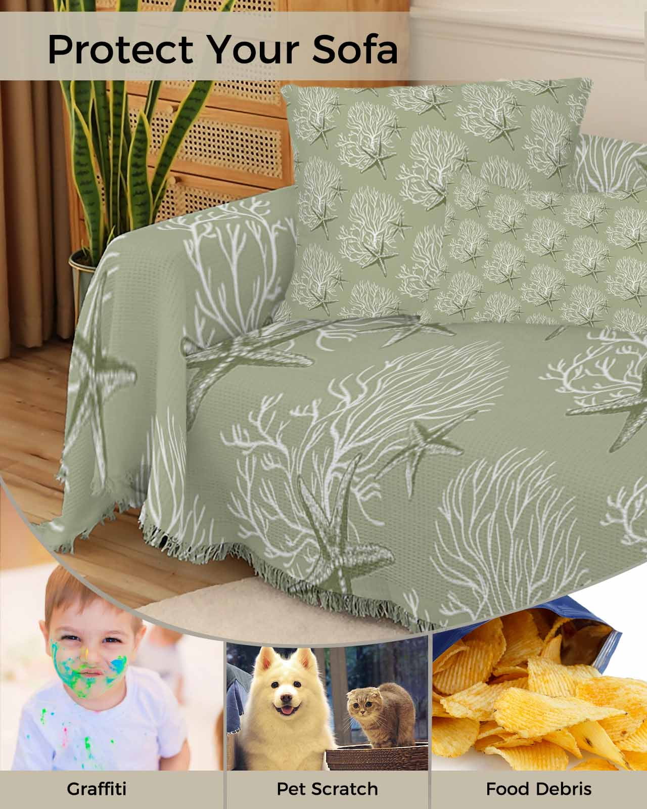 Sage Green Starfish Sofa Covers for 3 Cushion Couch,Washable Sectional & L Shape Couch Covers for Dog/Cat/Kid,Coastal Coral Nautical Summer Sea Non Slip Sofa Slipcover Tassel Futon Cover 71x150