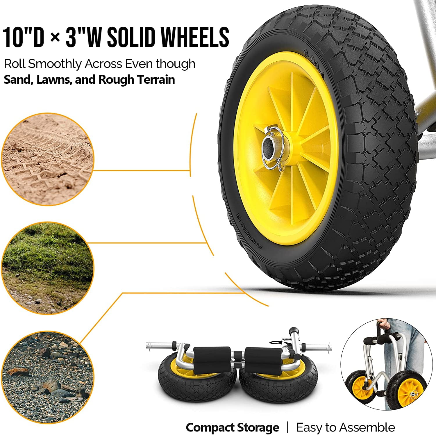 Foldable Kayak Cart, Lightweight Aluminum Alloy Frame, Universal Dolly Cart with 10'' Durable Solid Tires for Canoes, Paddle Boards, Boats, Strong 1.75" Thick Prongs