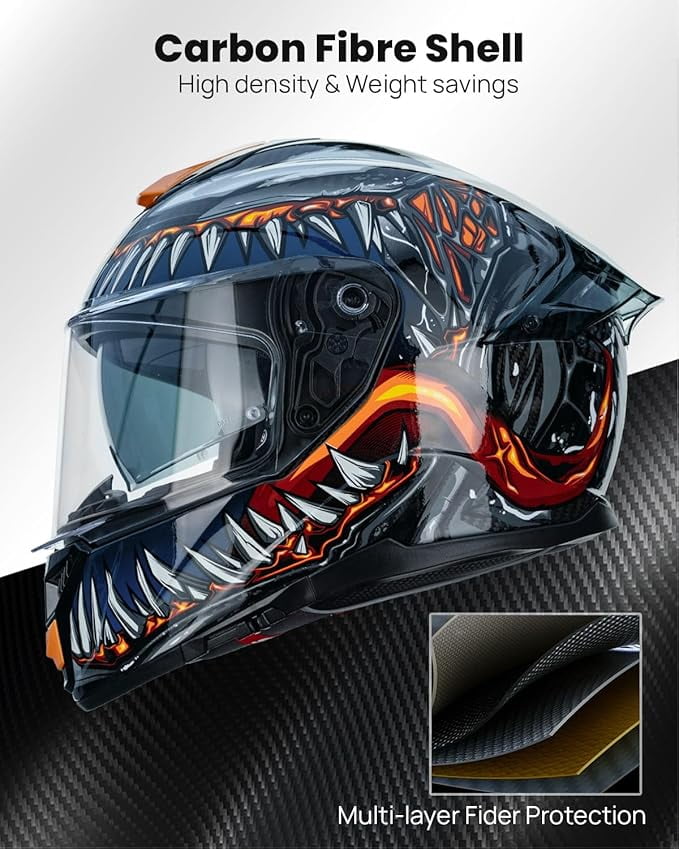 ILM Motorcycle Full Face Helmet 861C - Lightweight, Carbon Fiber, Dual Visor - DOT Certified (The Night Orange, M)