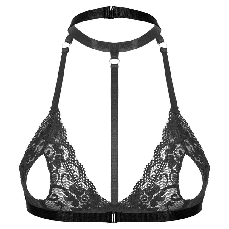 iiniim Womens Sexy Lingerie Lace Floral Sheer Hollow Out Open Nipples  Wireless Unlined Bra Tops
