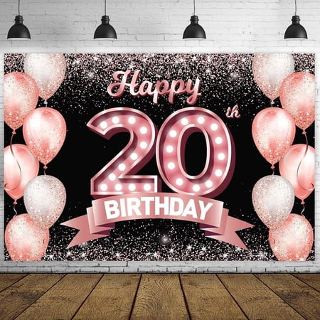 Happy 20th Birthday Rose Gold Banner Backdrop Cheers to 20 Years Old Confetti Balloons Theme Decor Decorations for Girls Women 20 Years Old Pink Birthday Party