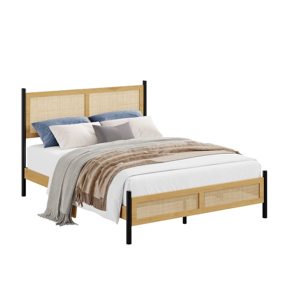 Queen Rattan Bed Frame Handwoven Wicker Platform Bed with Wood Slats and Underbed Storage No Box Spring Needed Natural Boho Style for Bedroom Guest Room