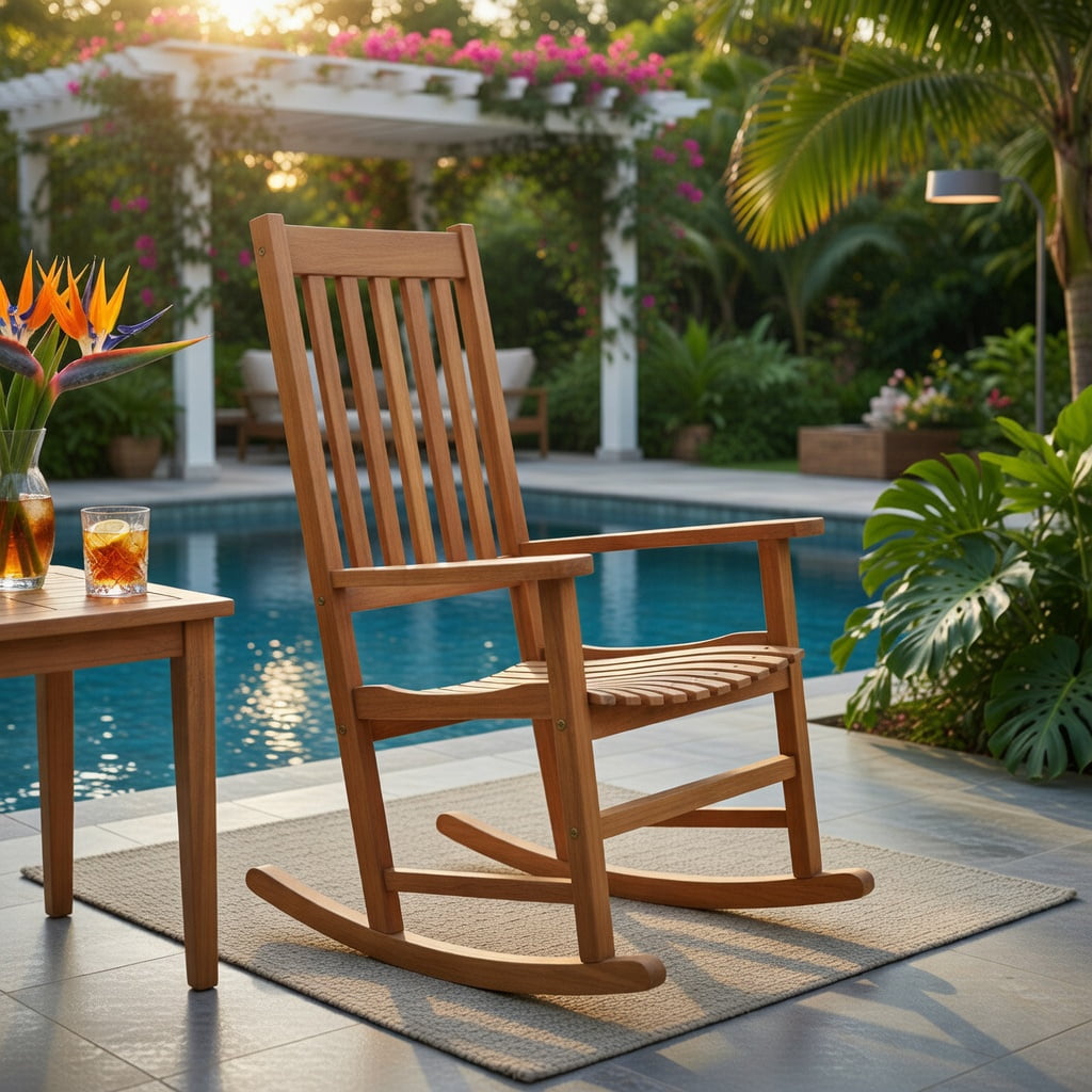 Hommoo Acacia Wood High-Back Rocking Chair for Indoor & Outdoor Use, Patio, Balcony & Backyard Comfort Chair, Natural