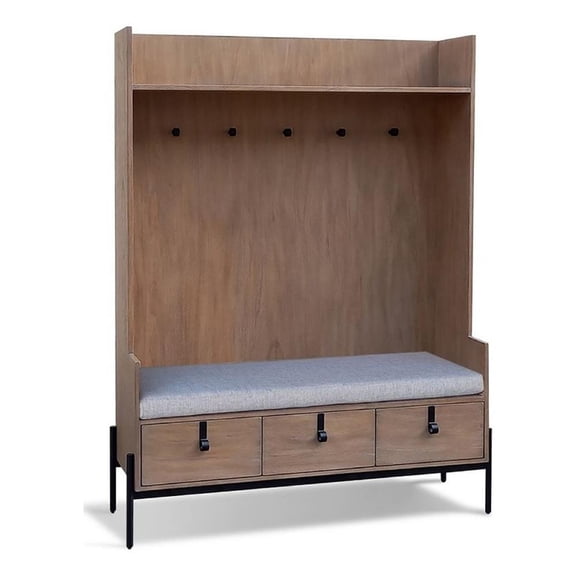 Benjara Lizy Entry Hall Tree w Bench for Mudroom -72 Inch- 3 Drawers- Oak Brown