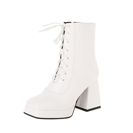 

KBKYBUYZ Solid Color Waterproof Lace-up Platform High-heeled Women s Ankle Boots