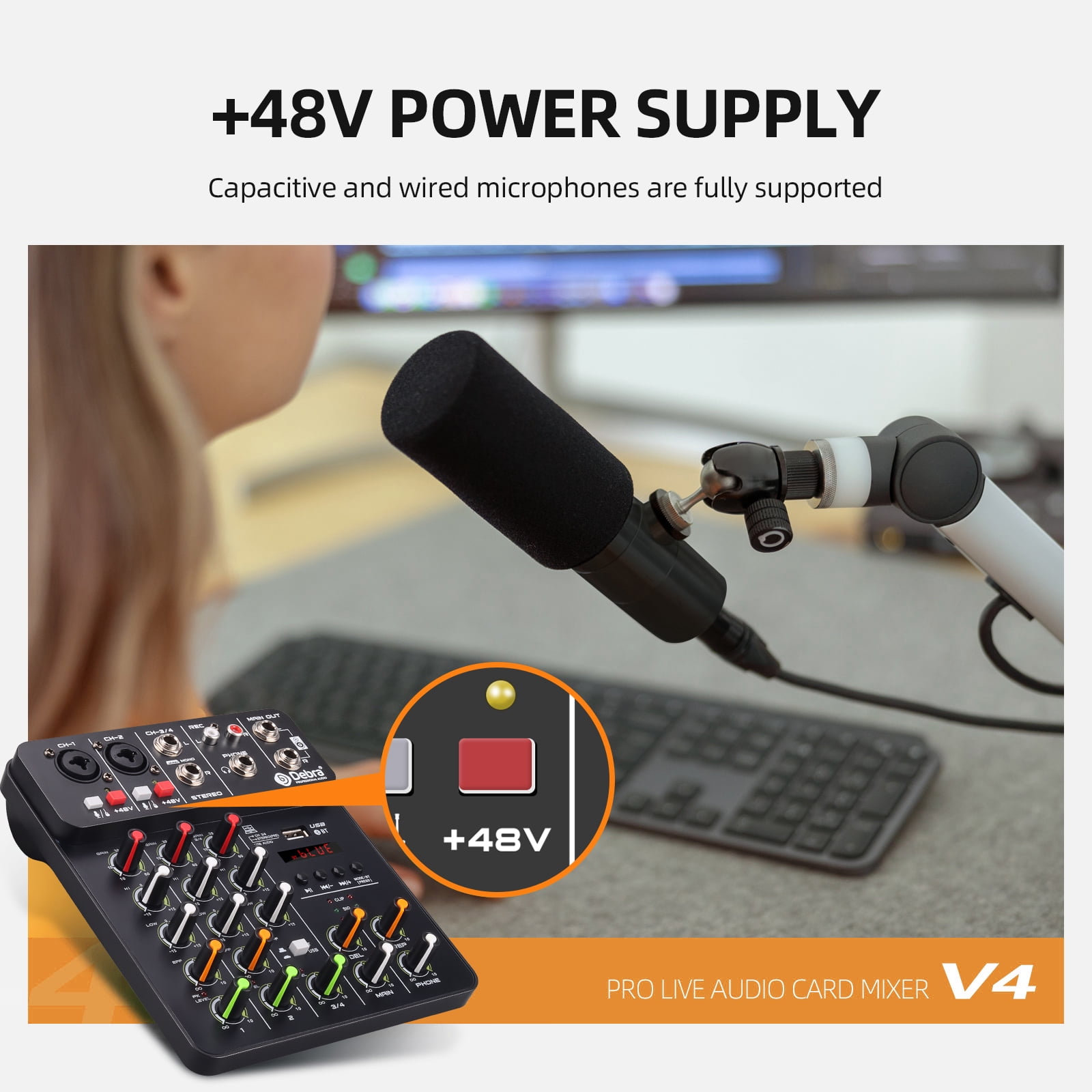 V4 Mixer DJ Controller Mixer, 5.0 Bluetooth 48V Phantom Power, Low Bottom Noise For Mixing Console PC Recording ,Easy to Operate