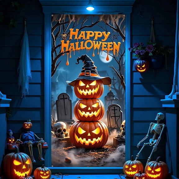 BEIPEG INHalloween Door Cover for Halloween Decorations,Large Fabric Horror Pumpkins Door Cover Banner for Front Porch Window Wall Decoration Party Supplies Indoor Outdoor, 6.1 x 2.9 Ft with 10m rope