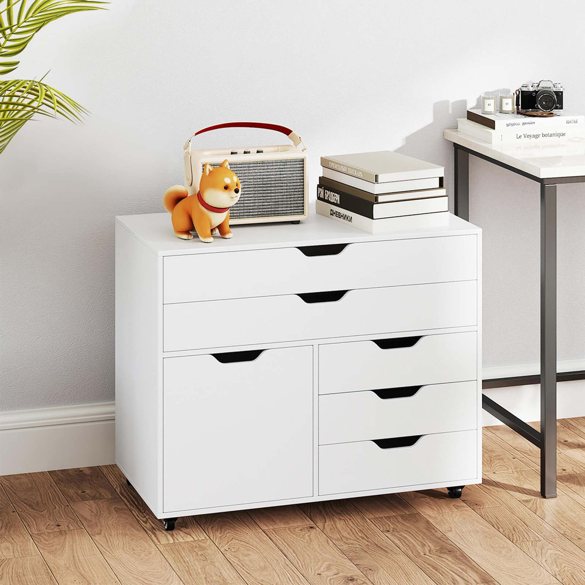Costway 5-Drawer File Cabinet Mobile Chest of Drawers with Side Cabinet 5 Casters