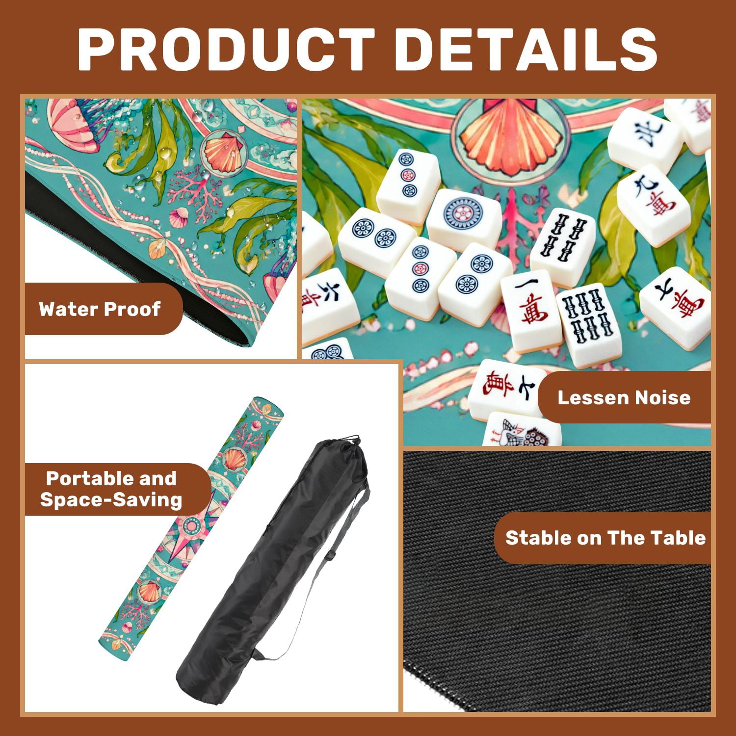 Mahjong Mat 31.5" x 31.5" Colorful Floral Mandala Protea Flowers Seaweed Nautical Compass Non-Slip Noise Reduction American Mahjong Tiles Table Cover for Dominoes Poker Card Board Games Gift