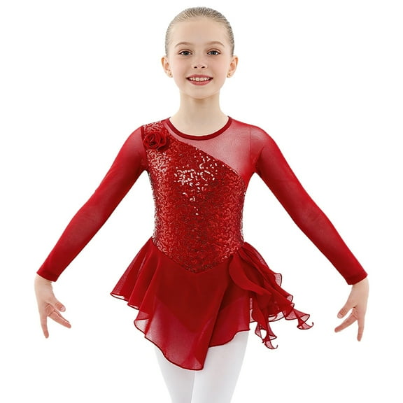 iiniim Girls Shiny Mock Neck Mesh Spliced Figure Ice Skating Dress Competition Dance