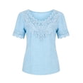 thumbnail image 4 of SSZMDLB Women V Neck Short Sleeve T-Shirts Eyelet Lace Top Curved Hem Solid Casual Summer Tees Elegant Vacation Outfits Workout Clothes, Blue M, 4 of 5