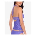 thumbnail image 3 of SALT + COVE Women's Purple Stretch Removable Cups Lined Strappy Ribbed Deep V Neck Preppy Halter Tankini Swimsuit Top M, 3 of 4