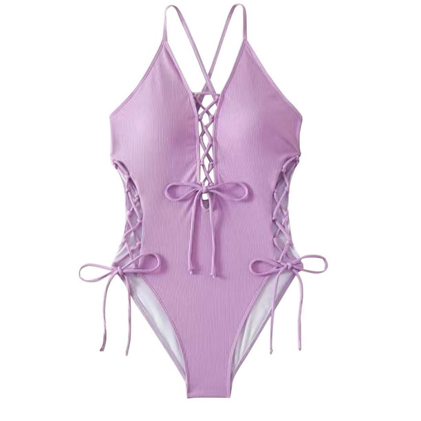 Trajes de baño de una pieza para mujer, bikinis sin espalda con tirantes ajustables a la moda de color sólido para mujer, traje de baño para mujer