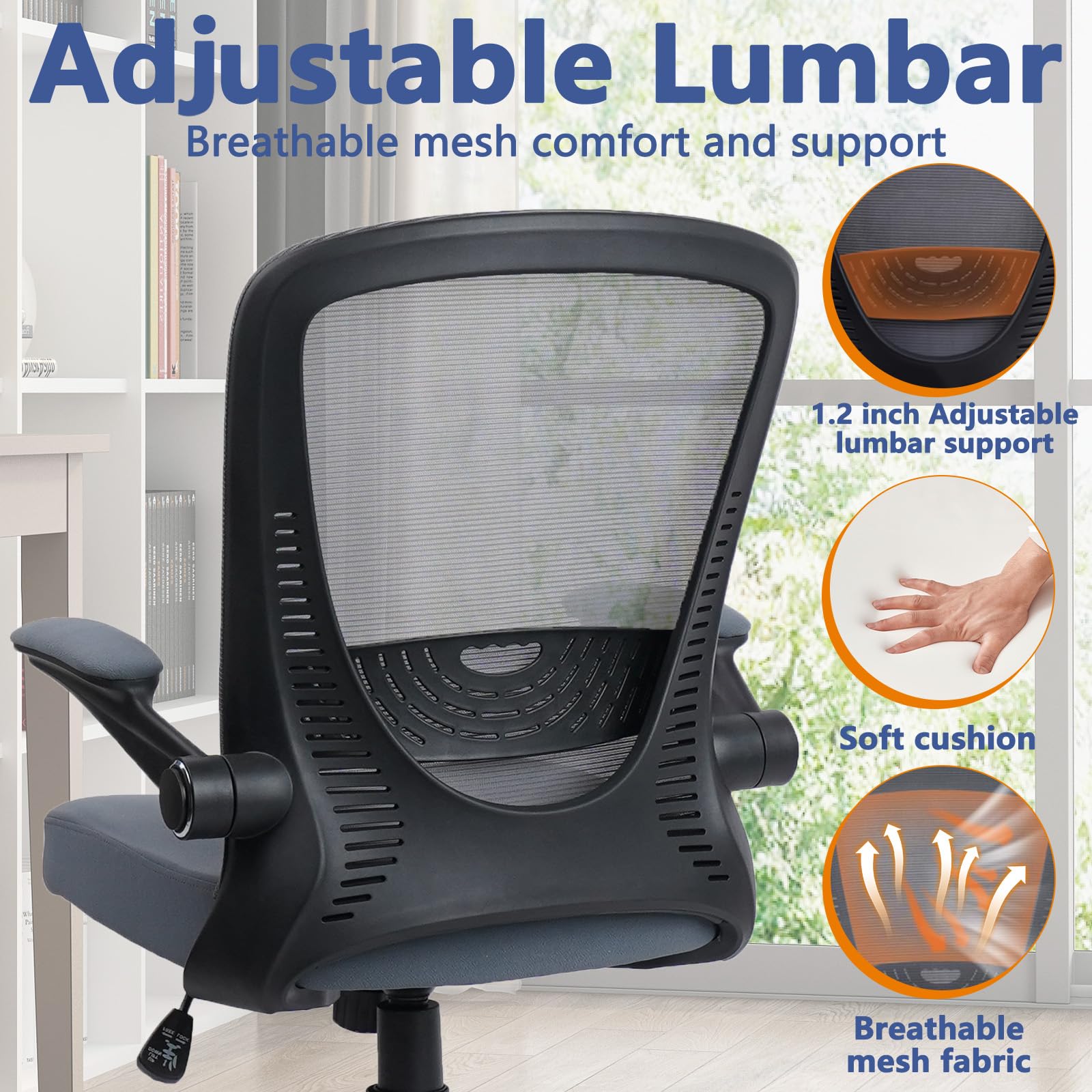 CLATINA Desk Chairs with Wheels, Ergonomic Rolling Mesh Office Chair Adjustable Height and Lumbar Support Home Office Computer Chair with Flip Up Armrests, Grey