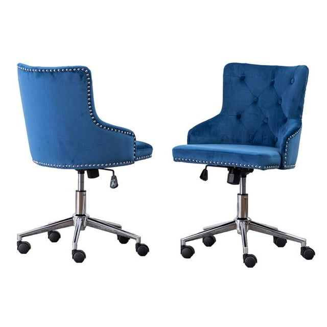 Chaise de Bureau Pivotante en Velours Bleu Marine avec Assise Touffetée en Acier Inoxydable