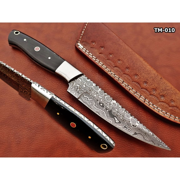 9.5" straight back blade skinning knife, 5" full tang Rain drop pattern Damascus steel blade, Bull horn scale with steel bolster, includes Cow hide Leather sheath (Bull horn)