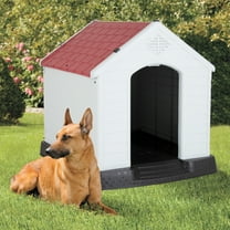 Large Dog House Plastic Dog Kennel Indoor Outdoor for Large Dogs, 39 inch All Weather Doghouse Puppy Shelter with Air Vents and Elevated Floor Ventilate,Red