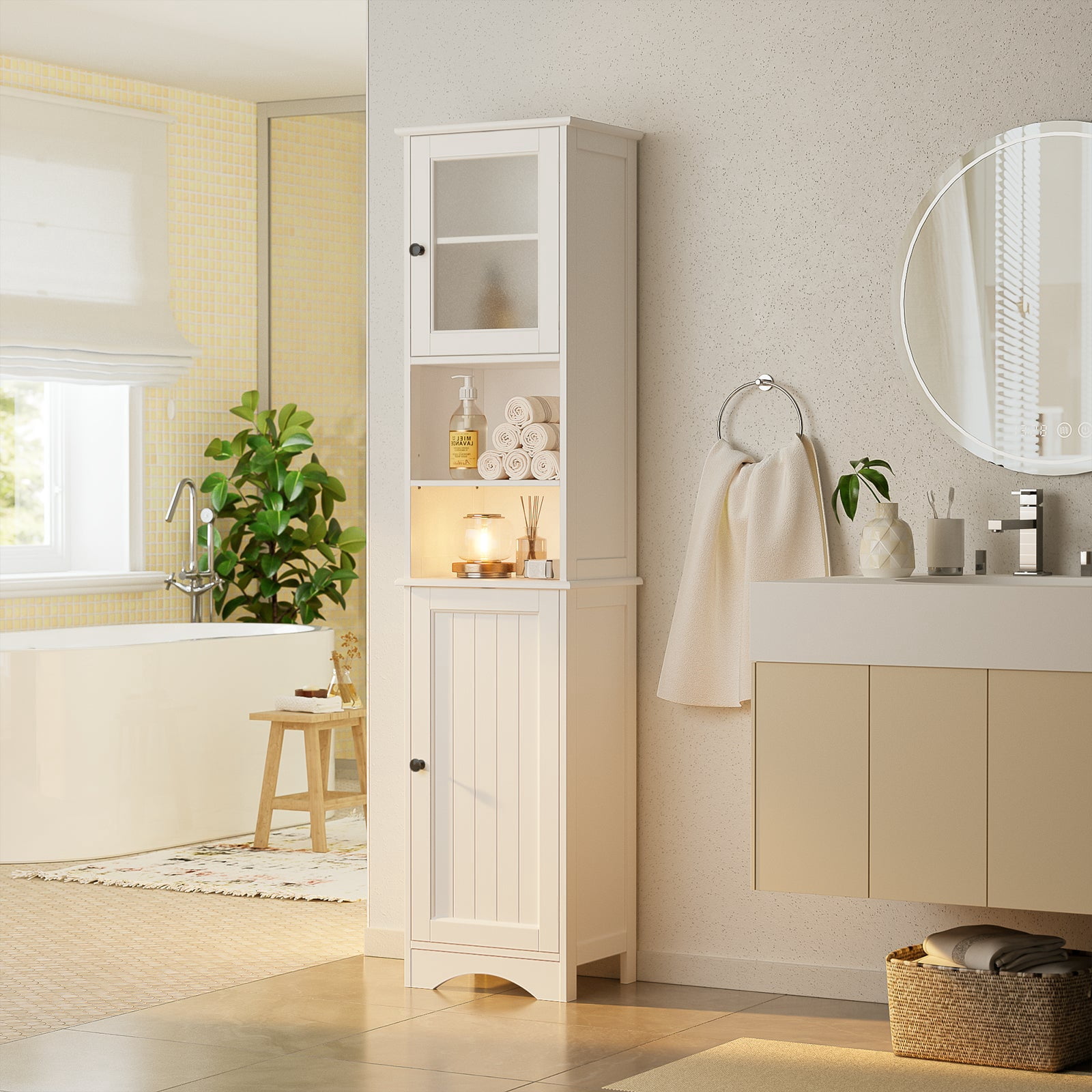 Aiho 67.1" H Bathroom Storage Cabinet, Narrow Tall Linen Tower with Adjustable Shelves & 2 Doors, Freestanding Cabinet for Bathroom, Living Room, White