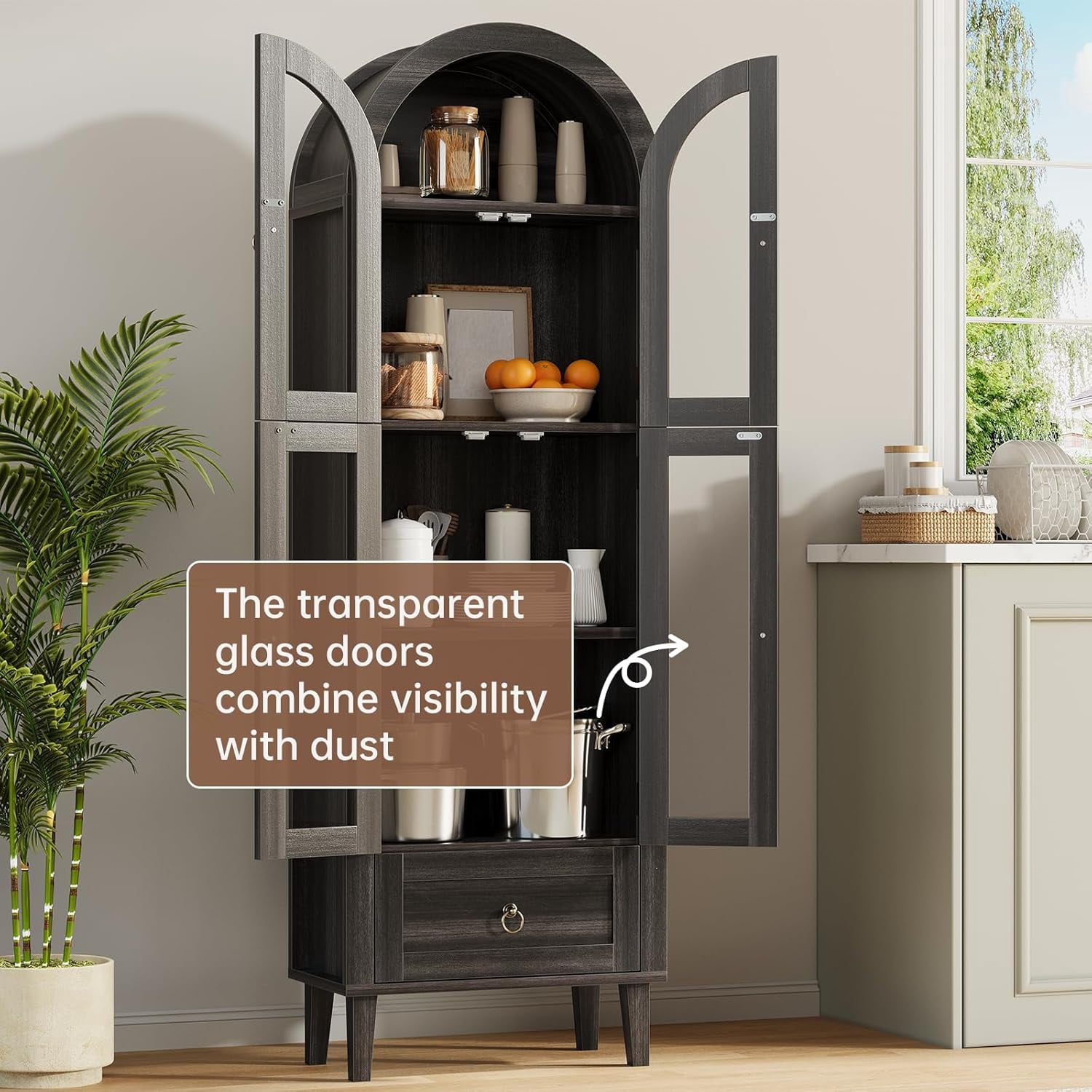 71” Tall Arched Cabinet with Acrylic Glass Door, Modern Curio Arched Bookcase W/Drawer, Display Cabinet Organizer, Kitchen Pantry with Top-Opening Storage Container for Living Dining Room