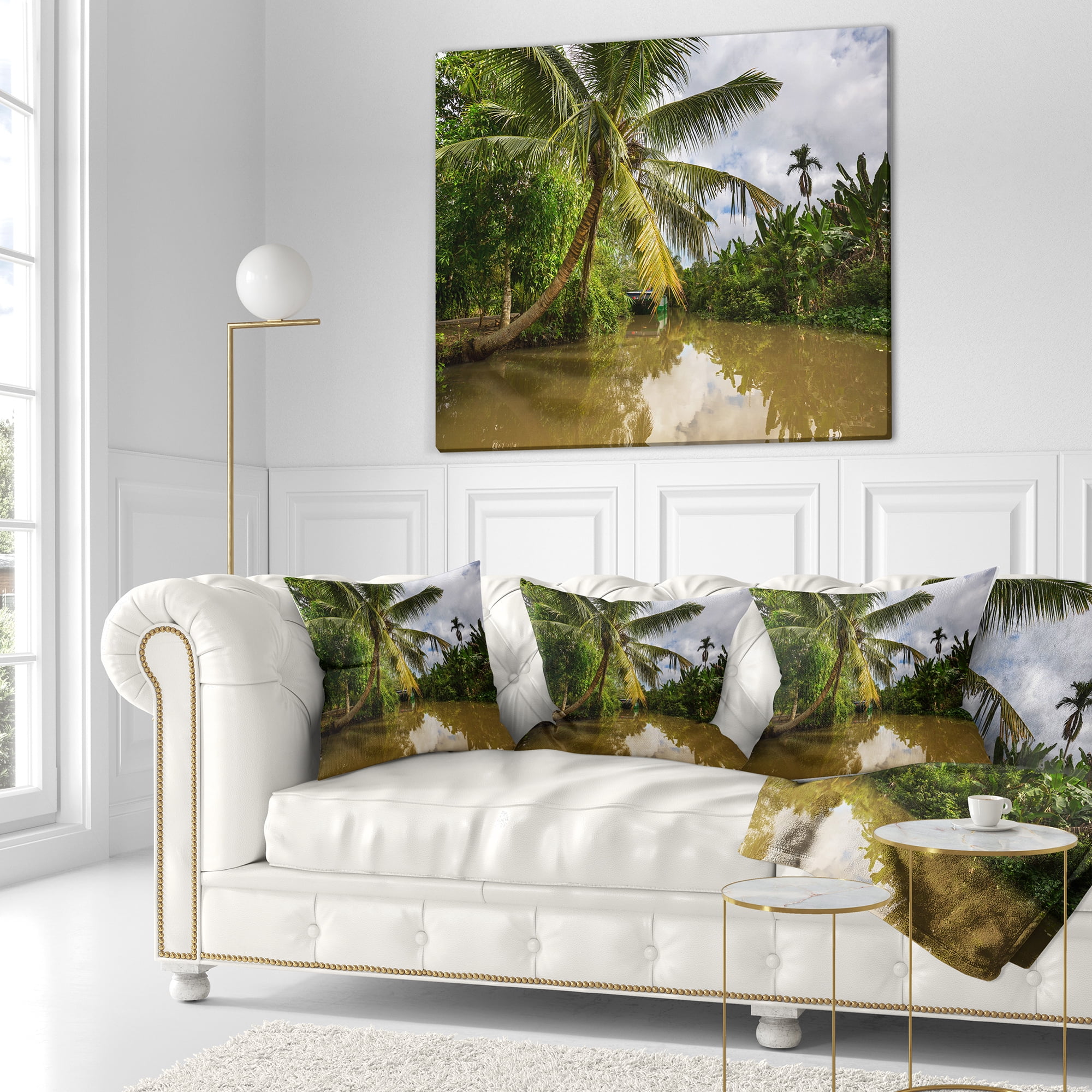 Designart Tropical River with Bent Coconut Palm - Landscape Printed Throw Pillow - 16x16