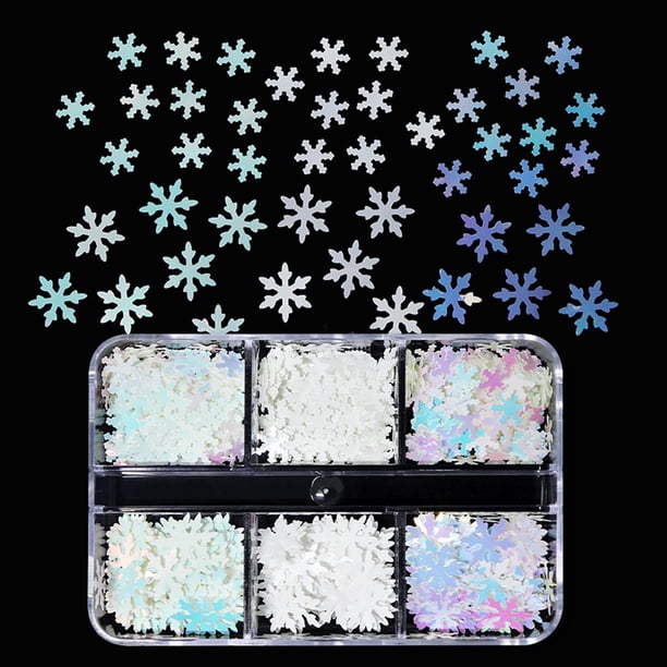 Accesorios para decoración de uñas, caja pequeña de 6, lentejuelas navideñas para decoración de uñas y adornos de lentejuelas con copos de nieve blancos de invierno. Lentejuelas.