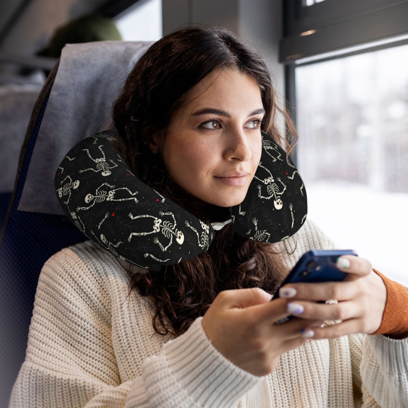 Xecao Happy Skeletons Dancing Print Memory Foam Cervical Neck Pillow Versatile U-Shaped Pillows for Home,Office,Camping,Travelling,Soft Washable Cover