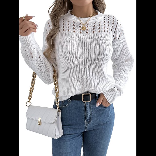 Suéter de Crochet Calado para Mujer, Jersey de Punto de Larga con Cuello Redondo, Camisa Informal de Otoño e Invierno. L