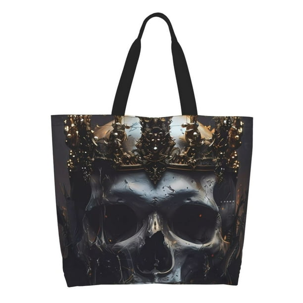 Balery Royal Skull With Golden Crown Bolsa Tote Estilo Estético con Cremalleras, Bolsa de Hombro, Bolsa de Compras Grande y Plegable
