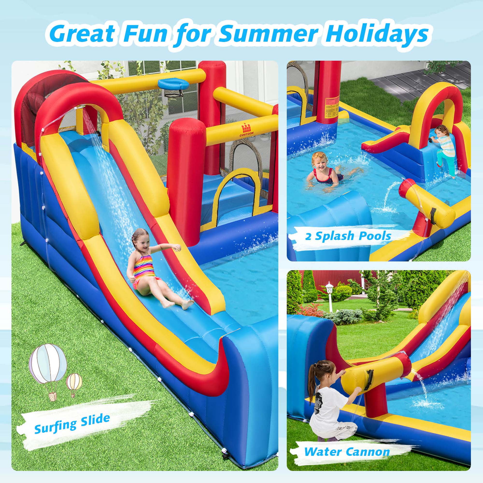 Costway Inflatable Water Slide Giant Kids Splash Pool with Double Slides & 950W Blower