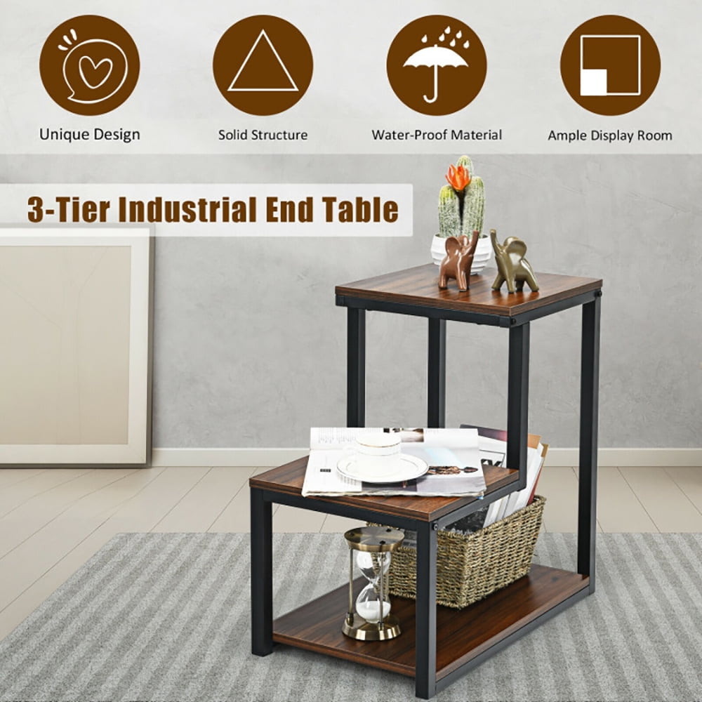 Finihen Side Table, 3-Tier Ladder-Shaped Chair Side Table with Storage Shelf, Sofa Side Table, Bed Side Table, for Living Room, Bedroom, Brown Finihen Side Table, 3-Tier Ladder-Shaped Chair Side Table with Storage Shelf, Sofa Side Table, Bed Side Table, for Living Room, Bedroom, Brown