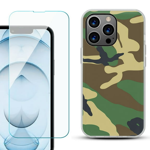 Slim-Fit Gel TPU Phone Case for iPhone 13 Pro Max, with Tempered Glass Screen Protector, by OneToughShield ® - Camo Green