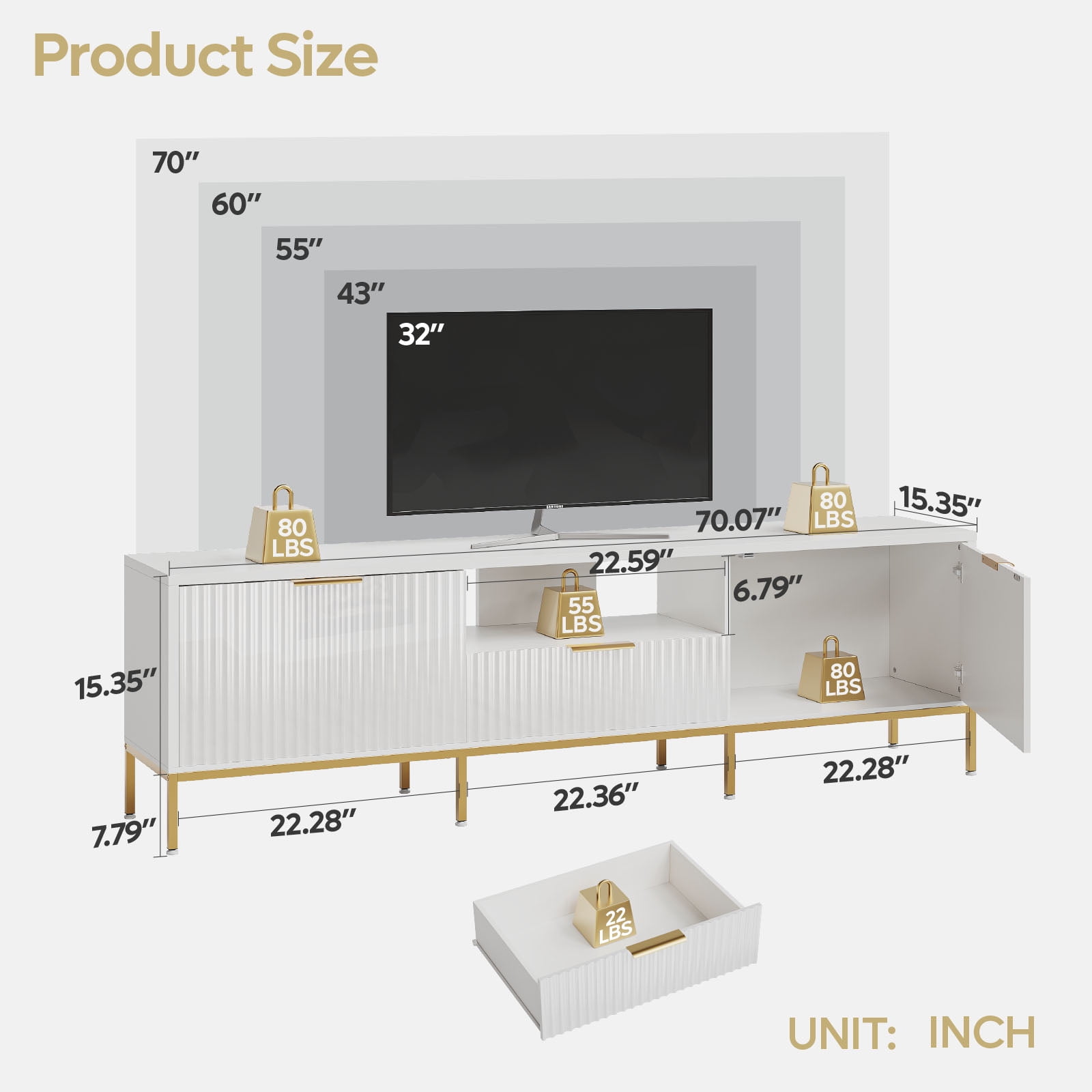 Bestier 70 inch LED TV Stand Modern High Gloss Fluted TV Cabinet Entertainment Center with Drawers for TVs up tp 75 inch, White & Gold