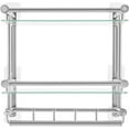 thumbnail image 4 of Wall Mount Bathroom Shelf with 2-Tier Tempered Glass, Stainless Steel Storage Organizer Rack with Towel Bar & 4 Hooks, 44 lbs Load Capacity for Shampoo Soap Towels, Adhesive or Drill Mounting, Silver, 4 of 9