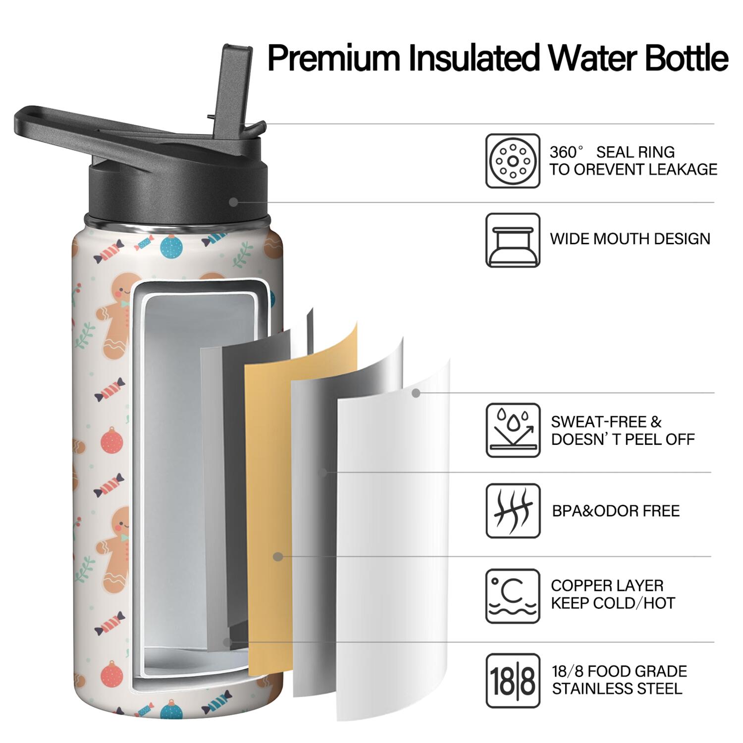 Christmas 18 oz Insulated Stainless Steel Water Bottle with Straw & Cleaning Brush , Leakproof, BPA-Free, 304 Stainless Steel, Wide Mouth, Travel Mug for Car, Gym, Office