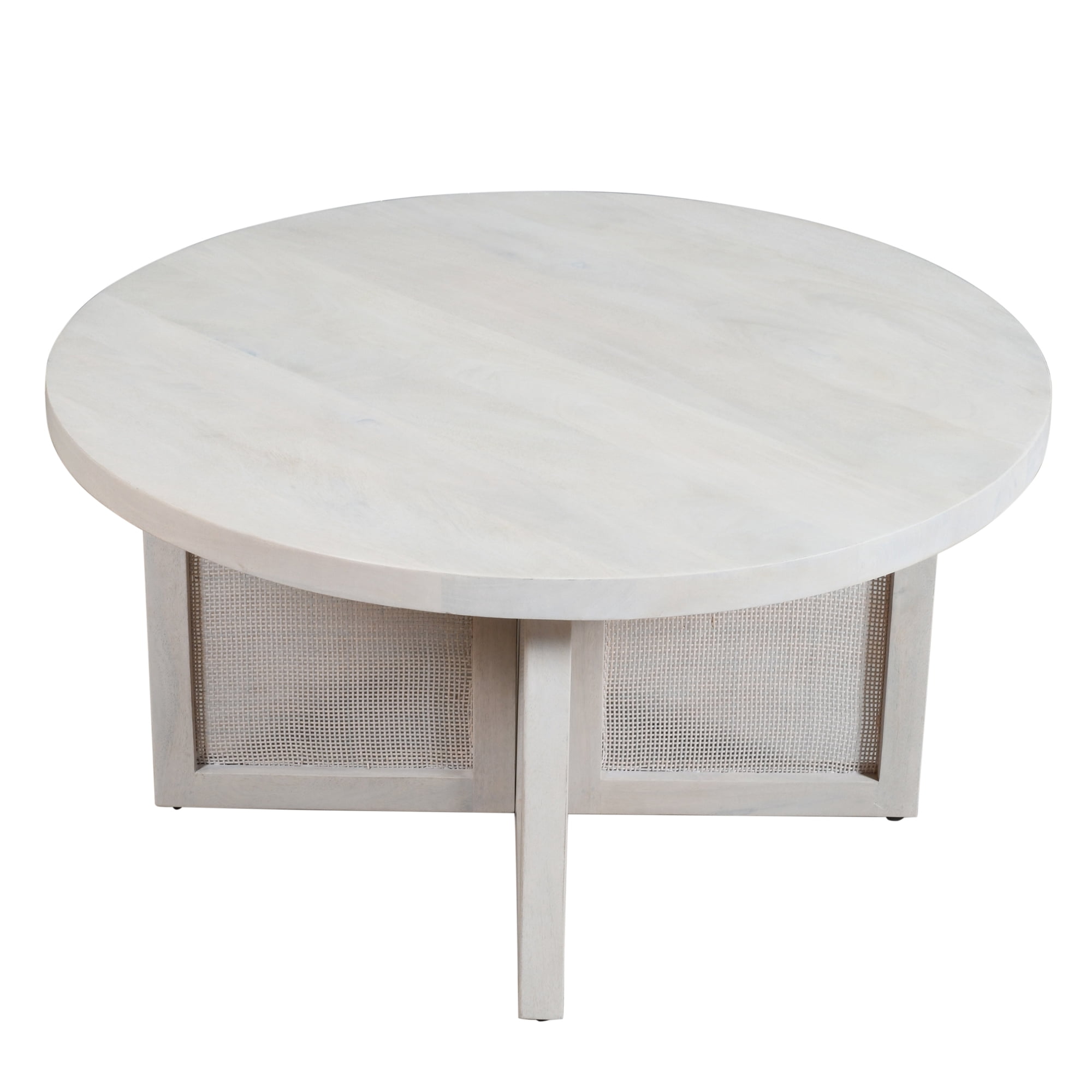 Ox Bay Theodore 36" Round Wood Coffee Table with Cane Screen Base, Whitewashed Finish