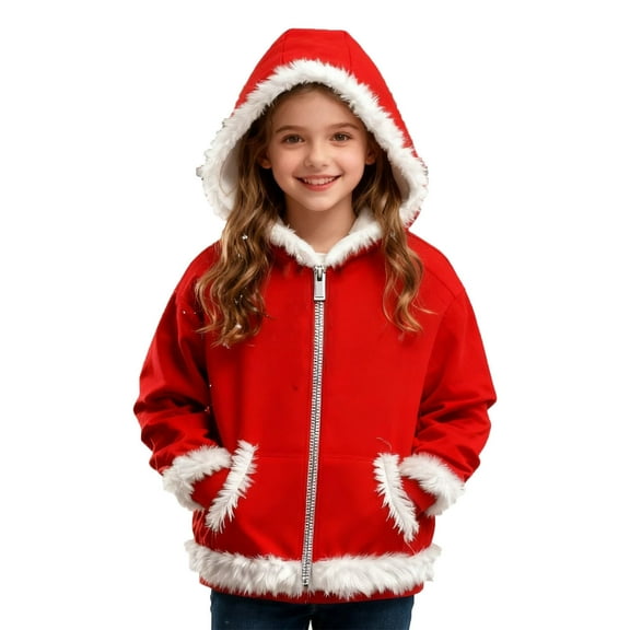 Cethrio Christmas Hoodies for Girl, Casual Long Sleeve Party Zip up Girls Jackets Red Size 14-16