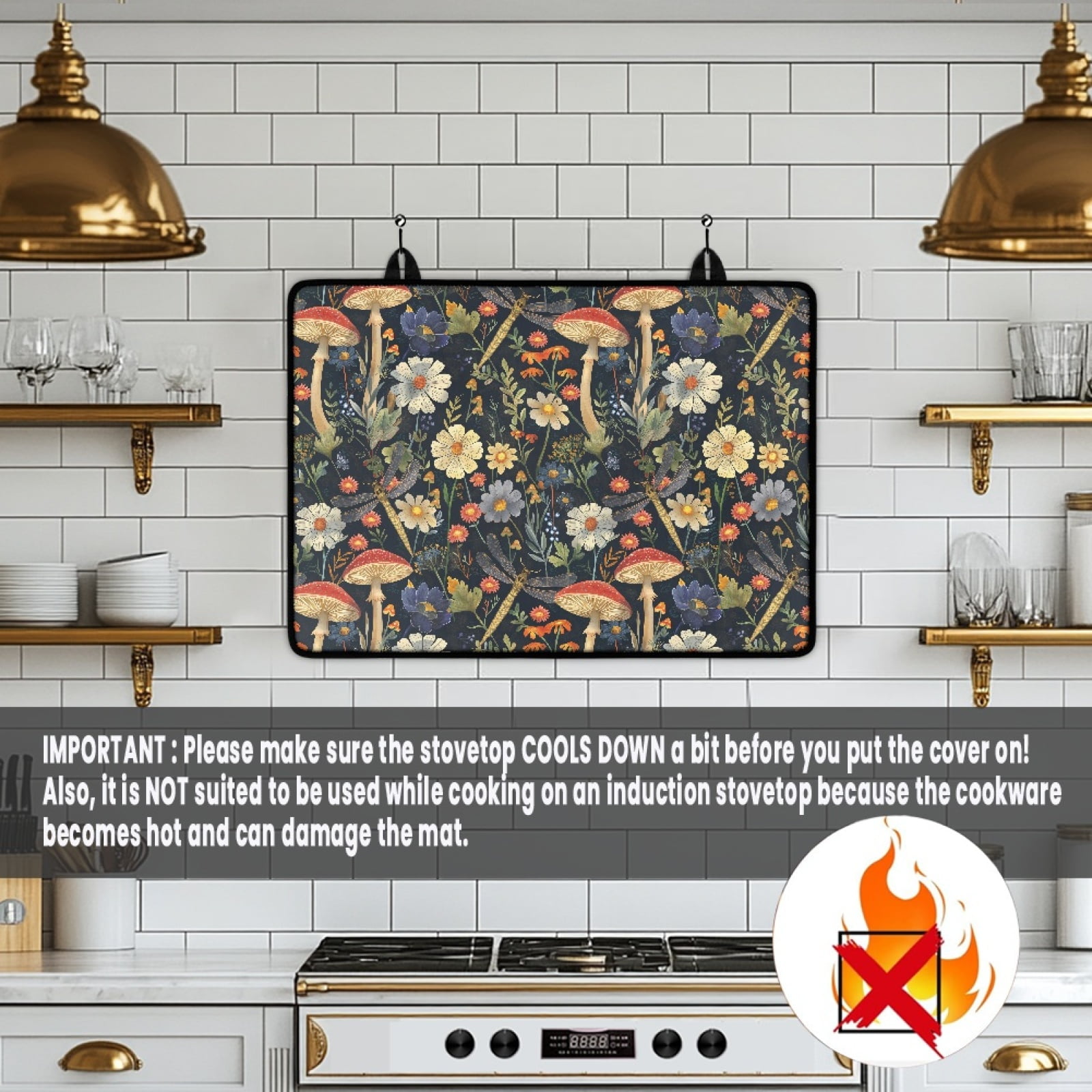 Renewold Electric Stove Cover Glass Stove Top Cover Heat Resistant Anti-slip Stovetop Protector Cover Cooktop Mat Extra Counter Space Extra Large, Mushroom Dragonfly Floral