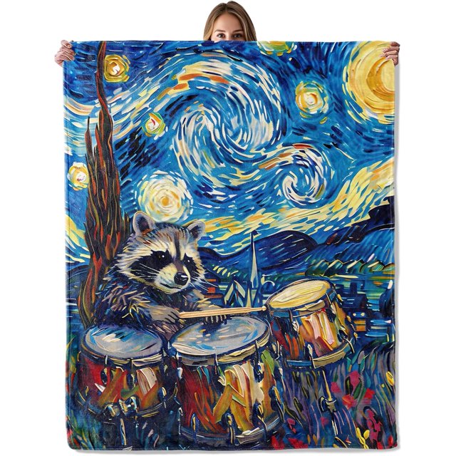 Couverture Jetable Raton Laveur Jouant de la Batterie pour Adultes Enfants, 50x60 Po, Douce et Chaude en Polaire, Cadeaux pour Canapé, Camping, Randonnée