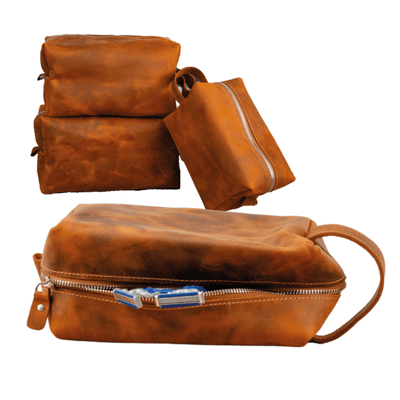 Leather Toiletry Bag for Men and Women, Shaving Dopp Kit, Travel Case, Cosmetic Makeup Wash Bag, Mens Dopp Kit, Light Brown Medium
