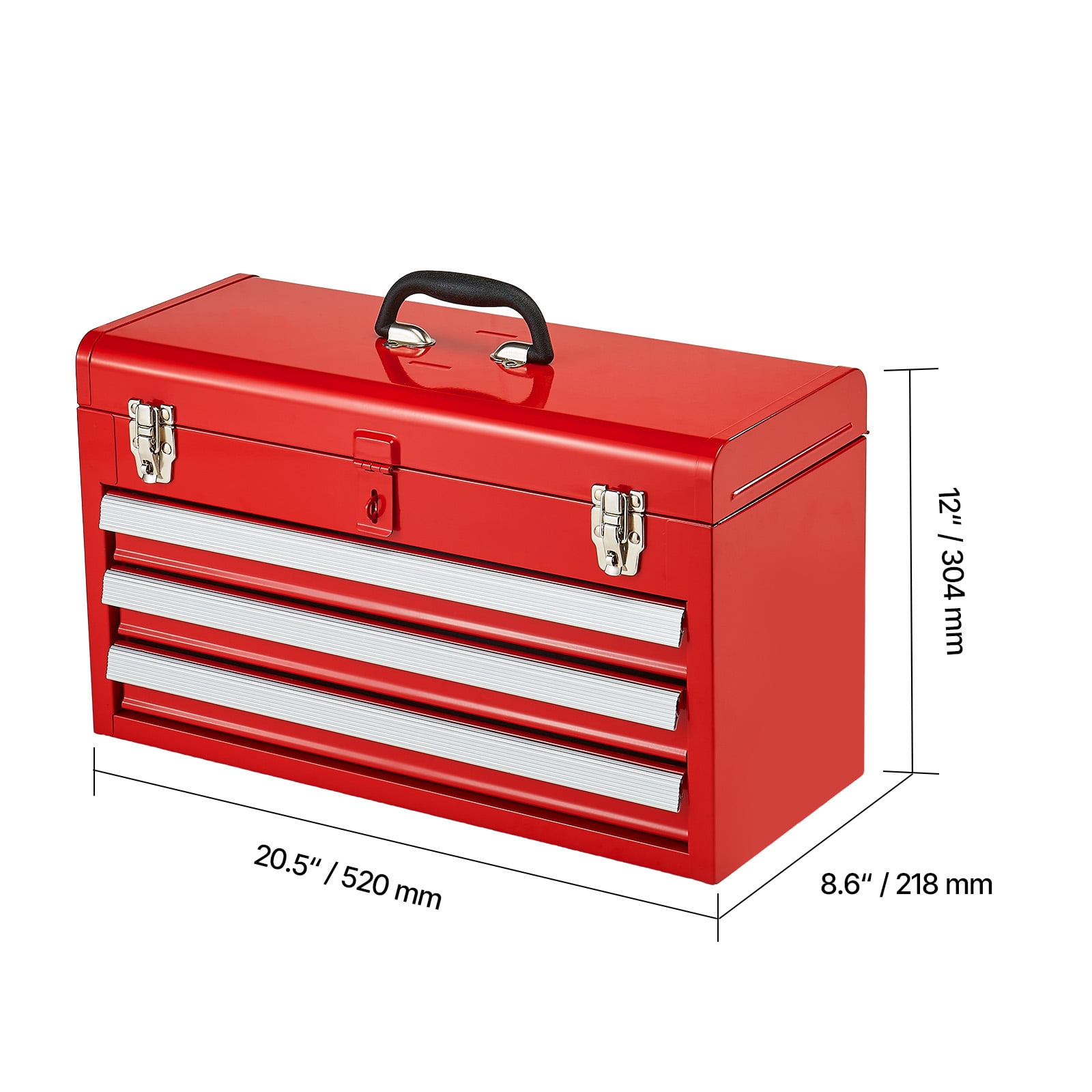 KFFKFF 20.5-Inch Portable Metal Tool Box with 3 Drawers, Small Tool Chest Featuring EVA Liners, Ball-Bearing Slides, Lockable Design, and Powder-Coated Finish, Red Multi-Purpose Organizer